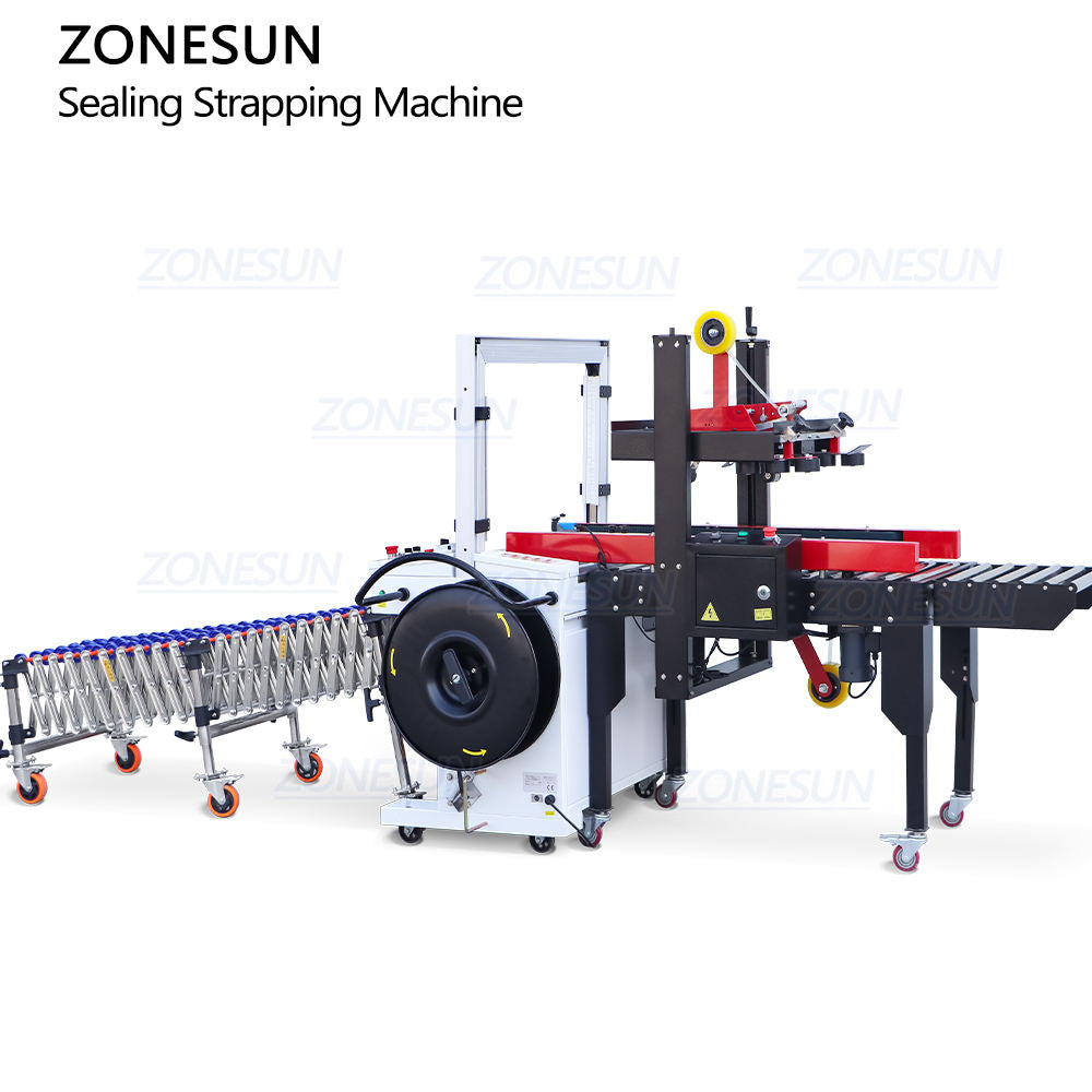 ZONESUN ZS-FK5050C Automatic Carton Taping Machine & Gravity Skatewheel Flexible Conveyor