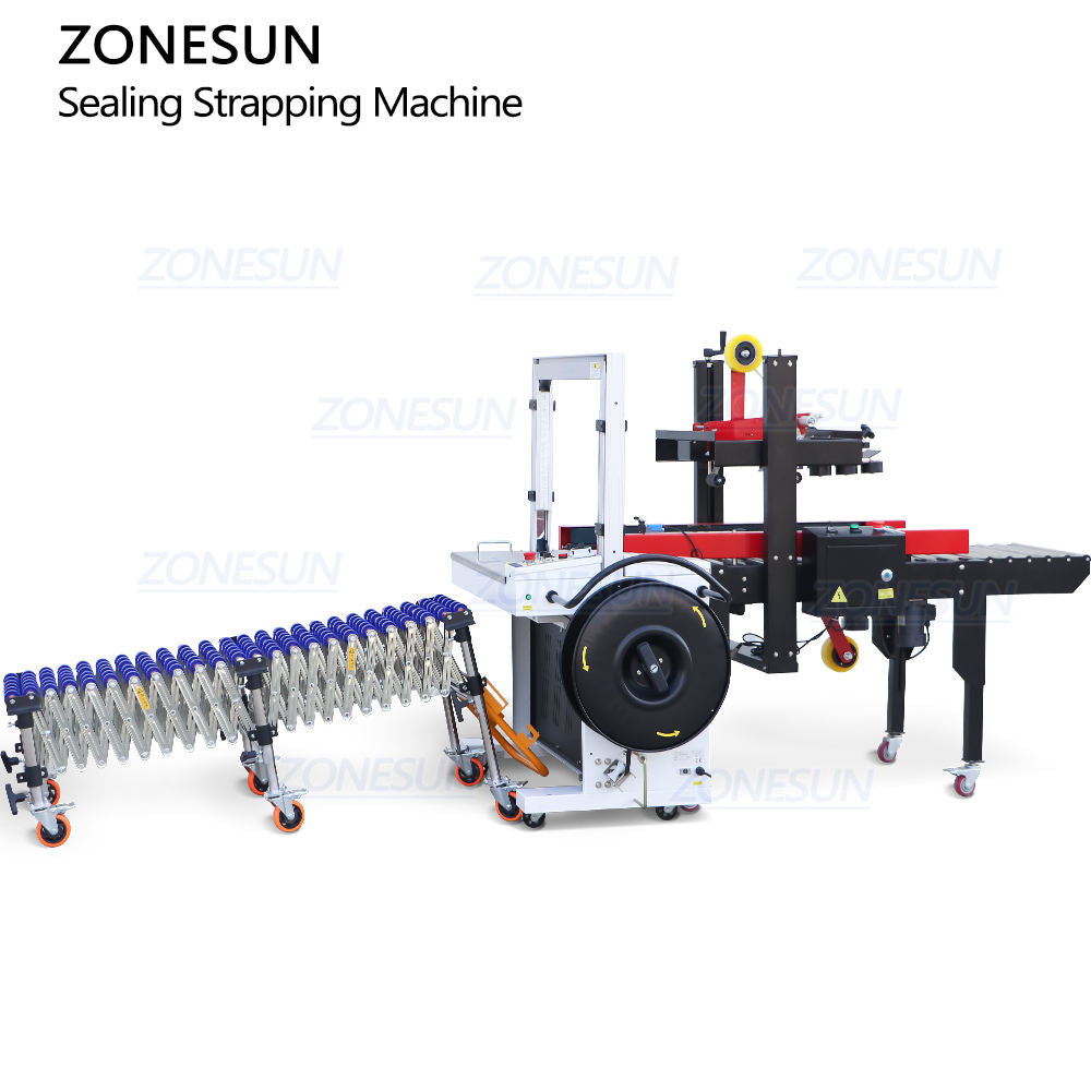 ZONESUN ZS-FK5050C Automatic Carton Taping Machine & Gravity Skatewheel Flexible Conveyor