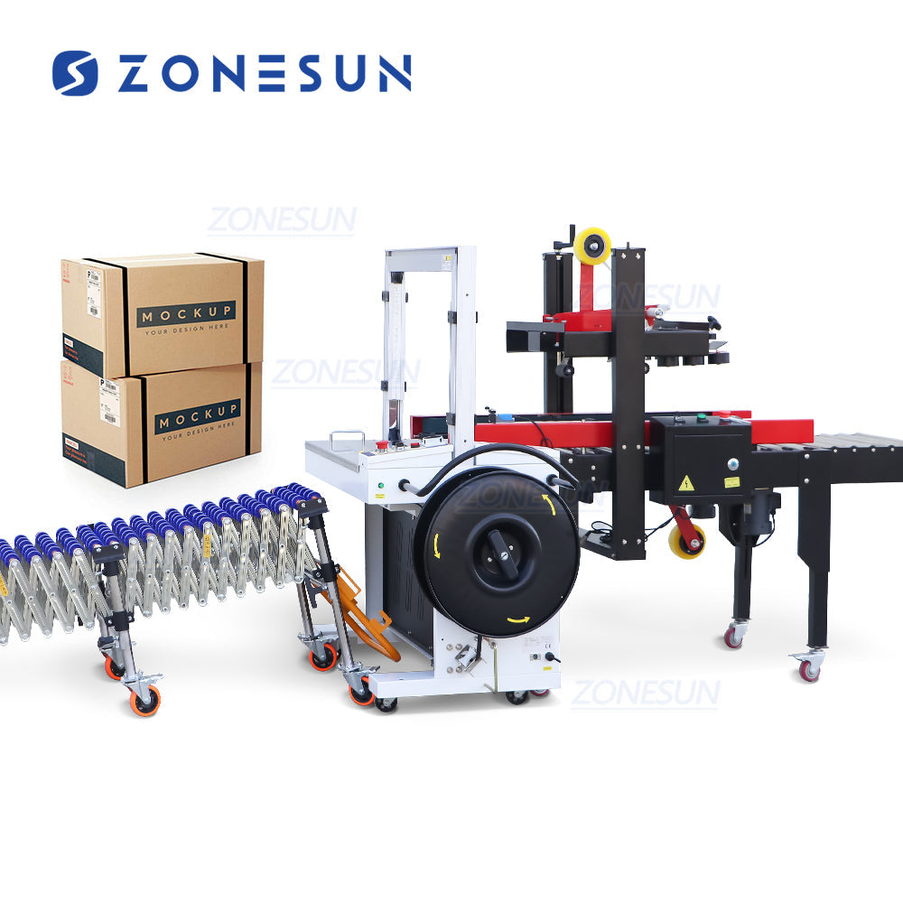 ZONESUN ZS-FK5050C Automatic Carton Taping Machine & Gravity Skatewheel Flexible Conveyor