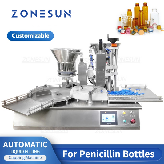 ZONESUN-máquina automática de llenado y tapado de líquidos, bomba peristáltica de botella de penicilina con alimentador de tapas 