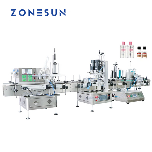 ZONESUN Desktop 4 Heads Liquid Filling Capping And Round Bottle Labeling Machine using in juice and drinks filling