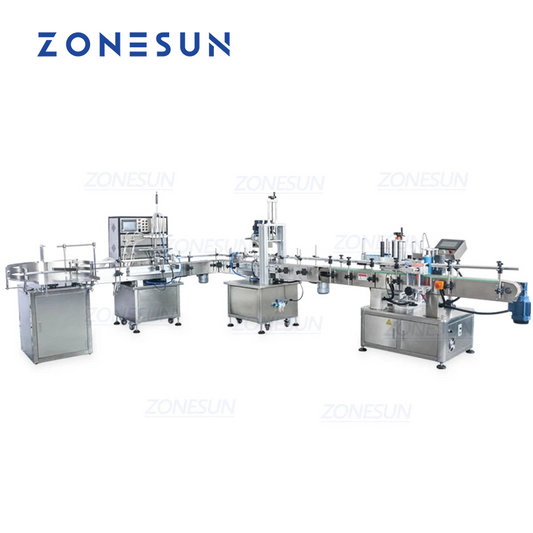 ZONESUN 4 Nozzles Liquid Filling Capping And Round Bottle Labeling Machine With Bottle Unscrambler