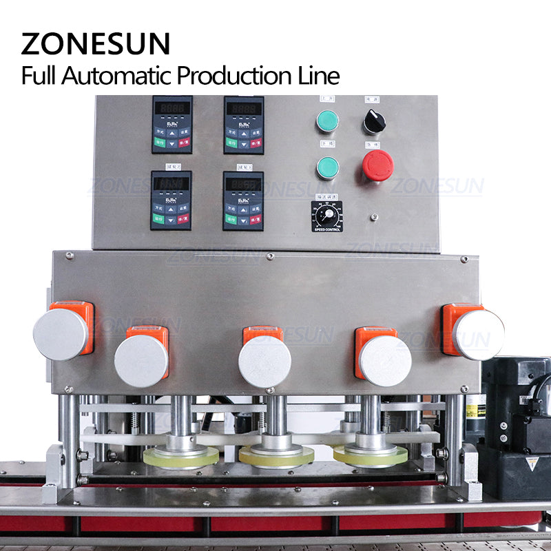 ZONESUN Macchina automatica per l'etichettatura di bottiglie rotonde di riempimento e tappatura di liquidi servo a 4 teste