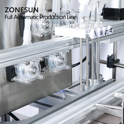 ZONESUN Desktop 4 Heads Liquid Filling Capping And Round Bottle Labeling Machine using in juice and drinks filling