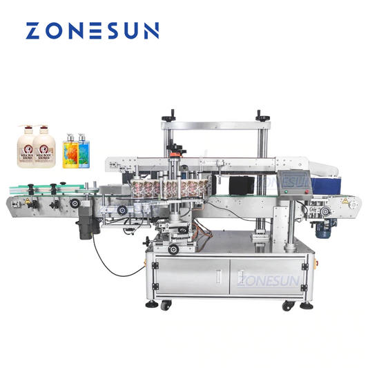 ZONESUN ZS-TB963 Etichettatrice per bottiglie quadrate rotonde a doppio lato per etichetta trasparente normale 