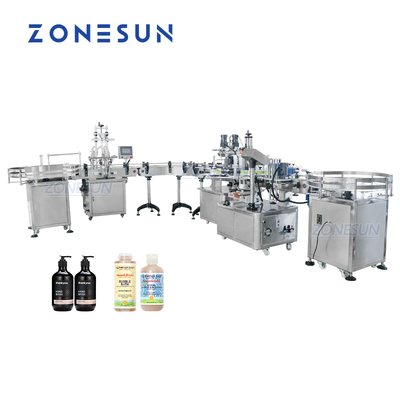 ZONESUN ZS-FAL180R4 Etichettatrice per tappatura di riempimento di liquidi a pistone con nastro trasportatore a forma di U