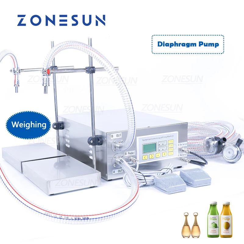 ZONESUN ZS-DP622W 50-17000ml Riempitrice per pesatura di liquidi con pompa a membrana a 2 ugelli