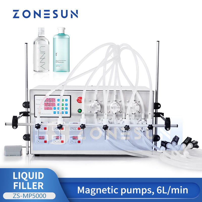 ZONESUN ZS-MP5000 Máquina de llenado de líquidos con bomba magnética semiautomática de 6 boquillas