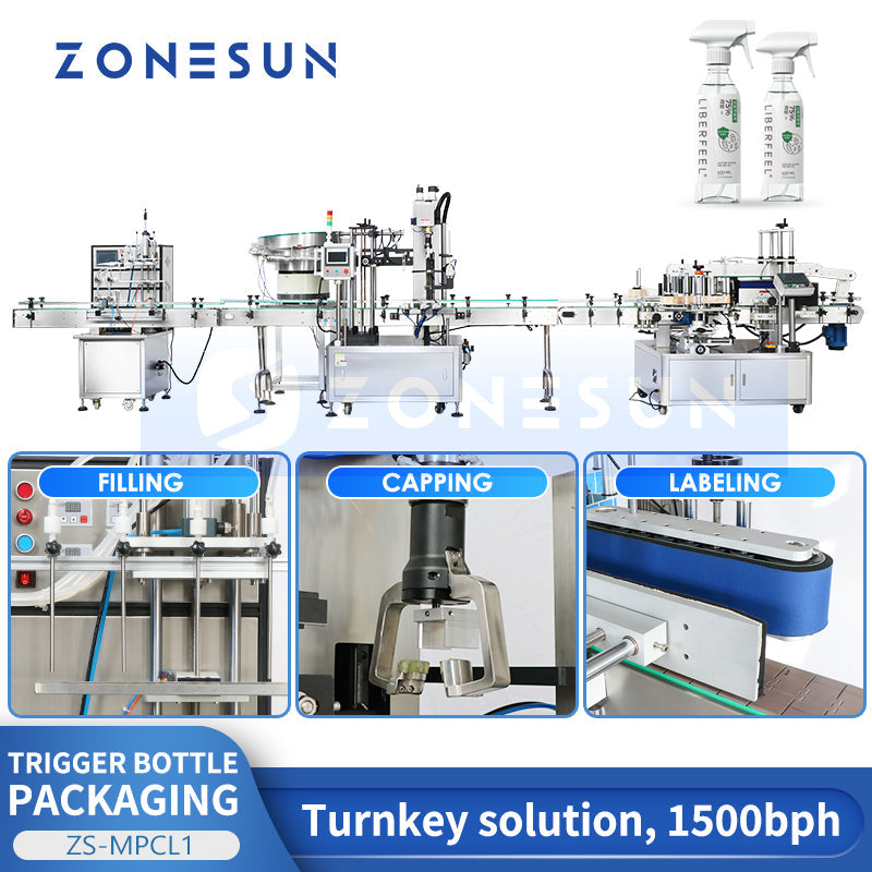 ZONESUN ZS-MPCL1 Automatic Trigger Bottle Magnetic Pump Liquid Filling Capping Labeling Production Line