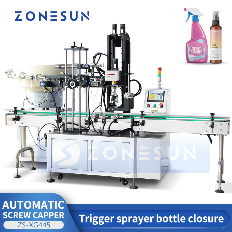 ZONESUN ZS-XG445 Tappatrice automatica per bottiglie con pompa a grilletto con alimentatore vibrante per tappo