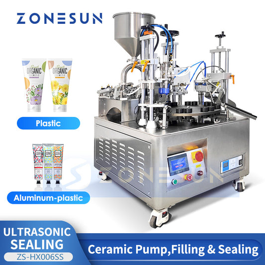 ZONESUN ZS-HX006SS Máquina automática de sellado ultrasónico de llenado de tubos de pasta de bomba de cerámica con 2 boquillas