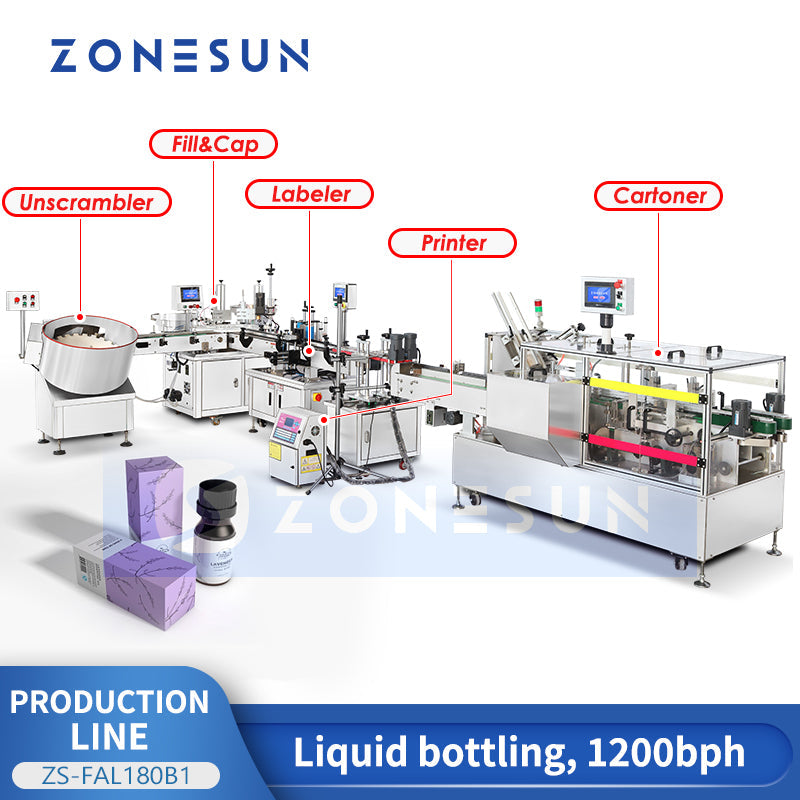 ZONESUN ZS-FAL180B1 Linea di produzione automatica di imballaggi in cartone per etichettatura e tappatura di riempimento di liquidi 