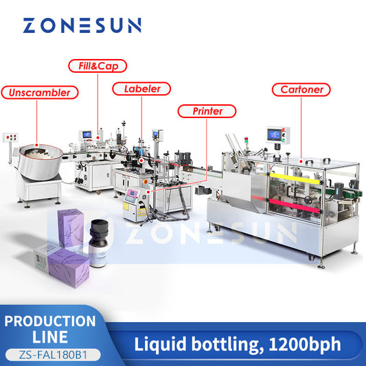 ZONESUN ZS-FAL180B1 Linea di produzione automatica di imballaggi in cartone per etichettatura e tappatura di riempimento di liquidi 