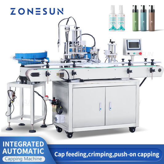 ZONESUN ZS-AFC8 Tappatrice per bottiglie rotonda con testa di spruzzo rotante con alimentatore per tappi 