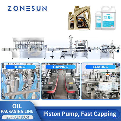 ZONESUN ZS-FAL180Z4 5L Oil Filling Capping Round Flat Bottle Double Labeling Production Line