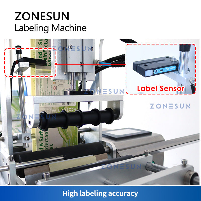 Máquina etiquetadora de botellas redondas de un solo/doble lado con guía deslizante ZONESUN ZS-TB101 con tobogán de descarga 