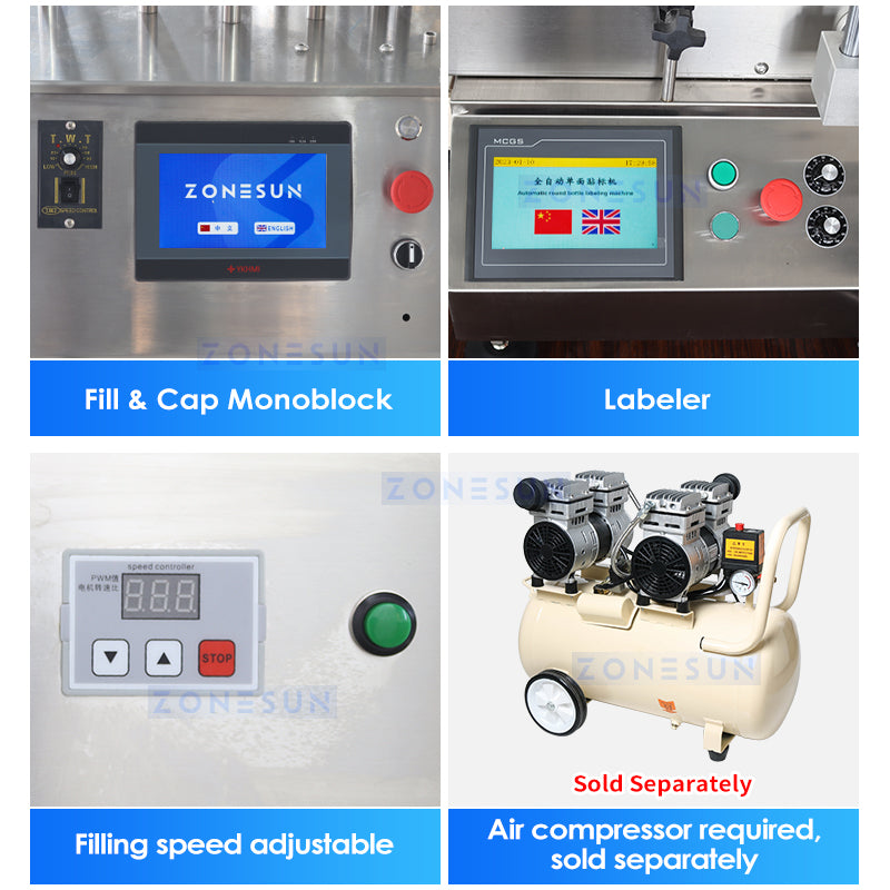 ZONESUN ZS-AFCL2 Automatic Round Bottle Magnetic Pump Liquid Filling Capping Labeling Production Line