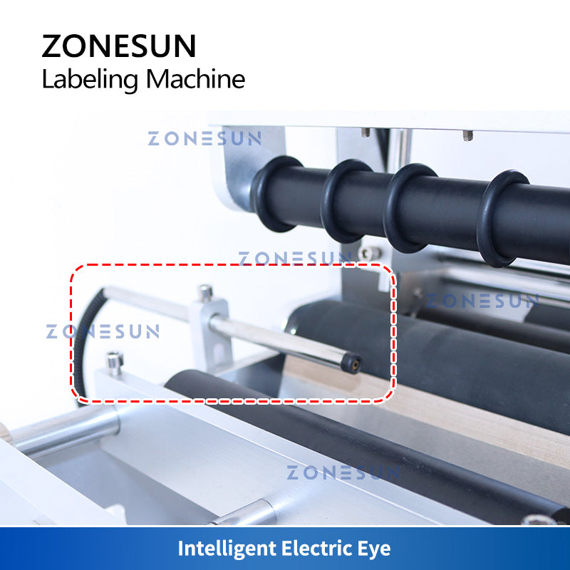 Máquina etiquetadora de botellas redondas de un solo/doble lado con guía deslizante ZONESUN ZS-TB101 con tobogán de descarga 