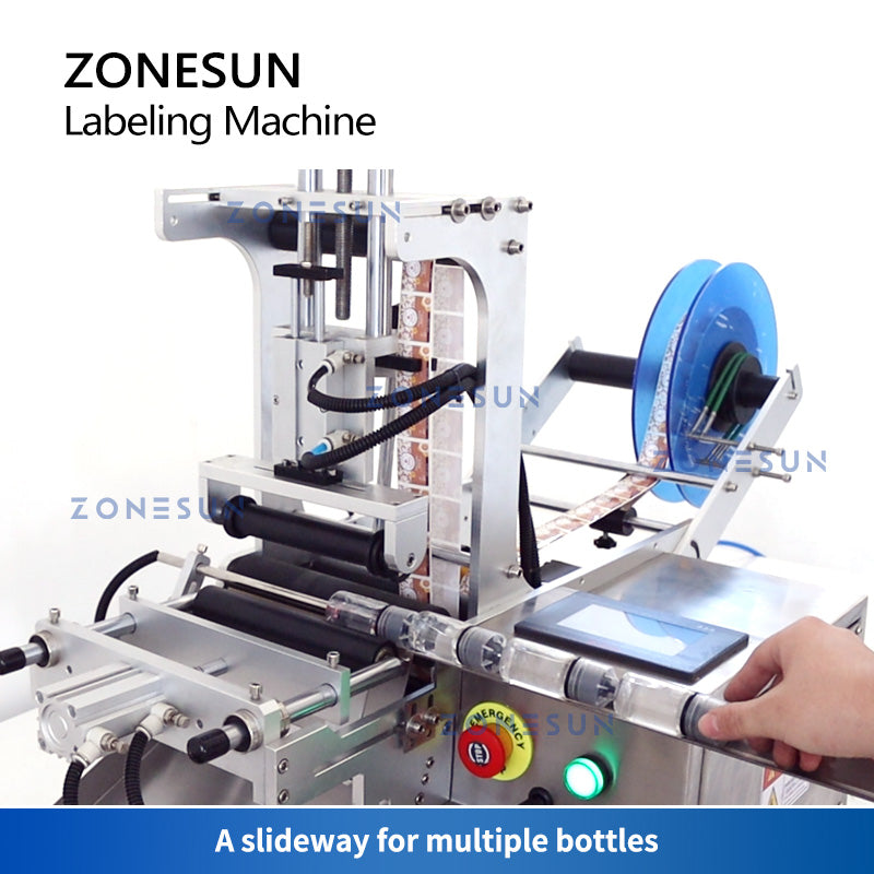 ZONESUN ZS-TB101 Etichettatrice per bottiglie rotonde a scorrimento singolo/doppio lato con scivolo di scarico 