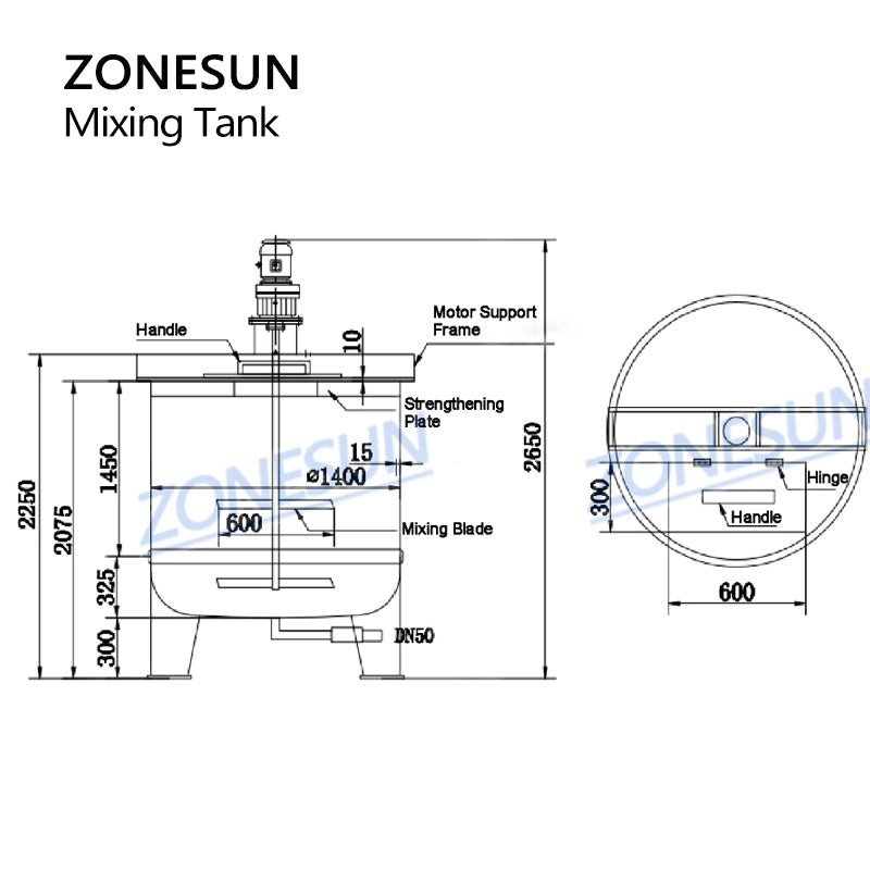 ZONESUN ZS-PPMT1500L PP Mixing Tank for Corrosive Liquid