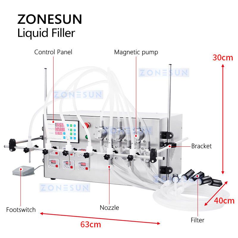 ZONESUN ZS-MP5000 Máquina de llenado de líquidos con bomba magnética semiautomática de 6 boquillas