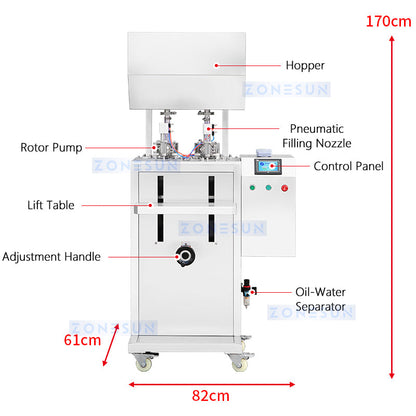 ZONESUN ZS-GTRP2 Máquina semiautomática de llenado de líquidos gruesos con bomba de rotor de 2 boquillas