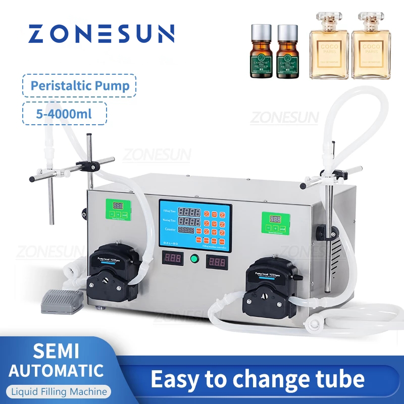 ZONESUN Riempitrice semiautomatica di liquidi con pompa peristaltica a 2 ugelli