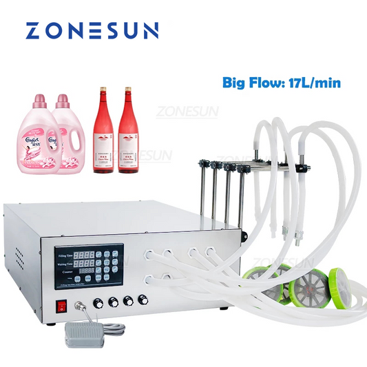 ZONESUN 20-17000ml Semi-Automatic Big Flow 4 Nozzles Liquid Filling Machine